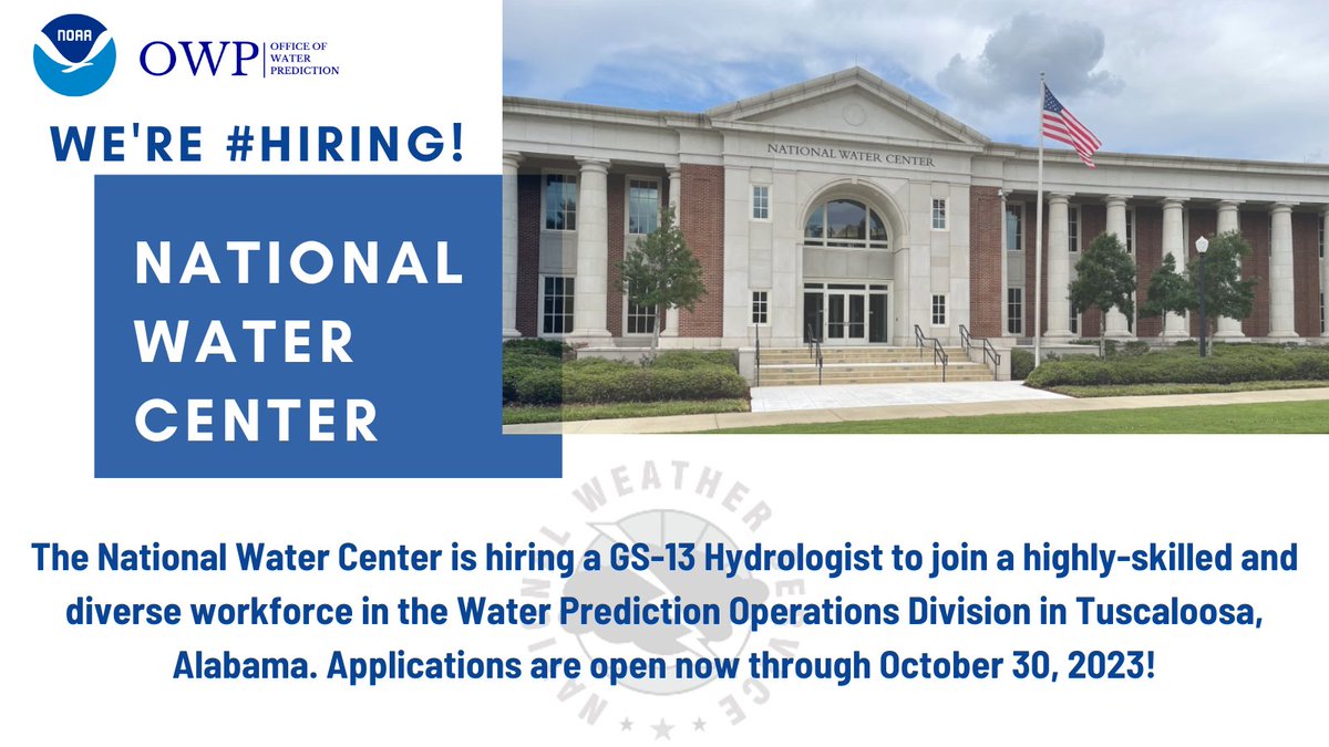 Are you interested in a job as a #hydrologist at the National Water Center? Applications are open now through October 30 at USAjobs.gov! usajobs.gov/job/756042500