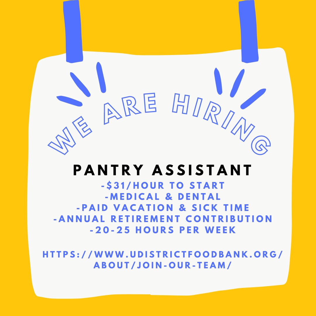 Now hiring a Pantry Assistant to support our daily operations.⁠
⁠
Access to healthy, culturally familiar food is a fundamental right. Your efforts will help us deliver on this for our community.⁠
⁠
Learn more &amp; apply: udistrictfoodbank.org/about/join-our…⁠
⁠
#WeAreHiring  #ApplyByNov8