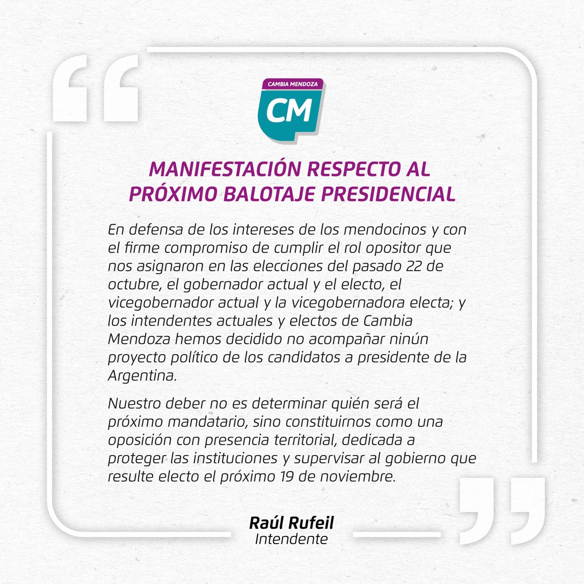 rufeilok's tweet photo. Los intendentes del Frente Cambia Mendoza hemos decidido no apoyar a ningún candidato en el balotaje #DemocraciaParaSiempre https://t.co/eldvqV0Xj1