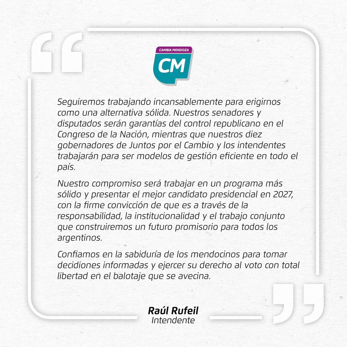 rufeilok's tweet photo. Los intendentes del Frente Cambia Mendoza hemos decidido no apoyar a ningún candidato en el balotaje #DemocraciaParaSiempre https://t.co/eldvqV0Xj1