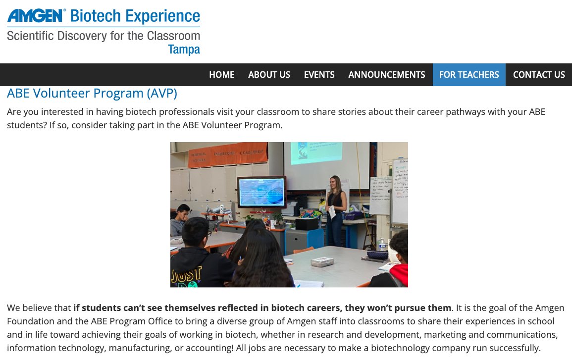 Dear ABE-Tampa teachers, are you interested in connecting your students with a biotech professional? You can participate in the ABE Volunteer Program. Connect with an Amgen staff member to learn what they do every day and their professional journey! amgenbiotechexperience.net/tampa