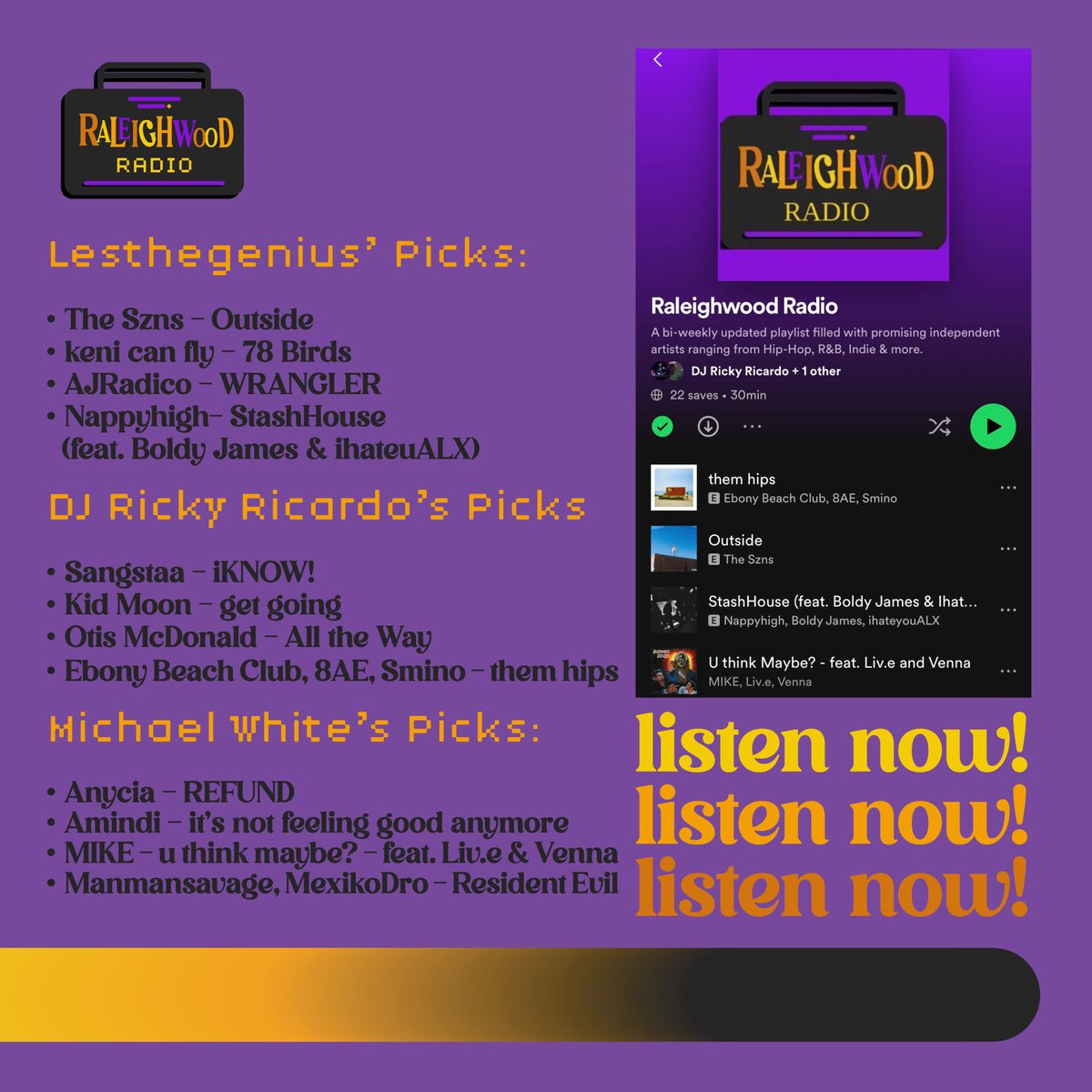 Proud to announce another dope week of Raleighwood Radio guest curated by <a href="/MichaelxBlanco/">MICHAELXWHITE</a> !! 

Featuring:
<a href="/thesznss/">?</a> 
<a href="/KeniCanFly/">keni</a> 
<a href="/AJRadico/">AJRadico</a> 
<a href="/Westsidenappy_/">NappyHIGH</a> 
@ihateyoualx 
<a href="/sangstaa_/">sangstaa</a> 
<a href="/smino/">smi</a> 
<a href="/The8ae/">Your Favorite 8ae</a> 
<a href="/AM1ND1/">Amindi</a> 

&amp; more !!

ffm.bio/raleighwoodrad…