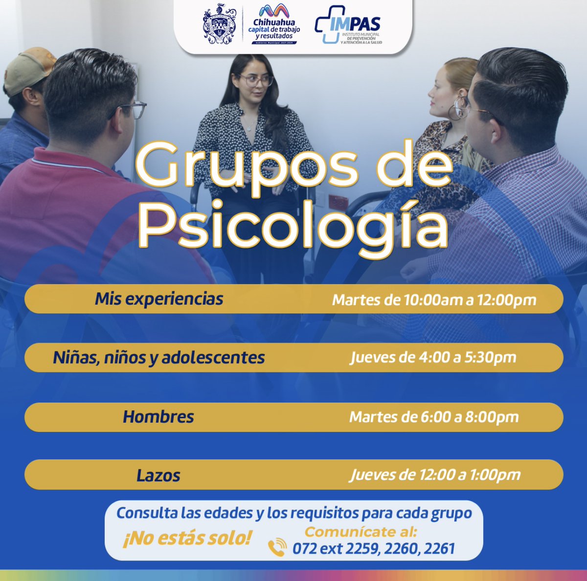 chihuahuampio's tweet photo. ¡Tu salud mental es importante! 🧠💛
Recuerda que en el #IMPAS tenemos grupos de psicológica los martes y jueves. Consulta las edades y los requisitos de cada grupo al 072 extensiones 2259, 2260 y 2261.🫂
#TrabajoyResultados #MarcoBonilla https://t.co/AvZcd2Vzw0