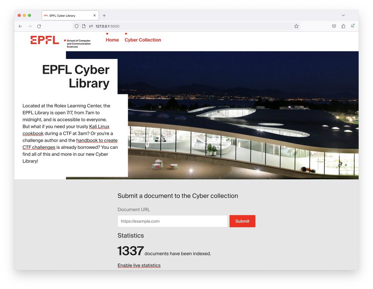 polygl0ts's tweet image. Time for another LakeCTF sneak peek! This time, from @samuelbetrisey. Come explore the EPFL Cyber Library! I&apos;m sure it is 100% secure 👀
Join us on the 4th of November to take part in LakeCTF 2023 quals, in collaboration with @ICepfl
More info here 👉lakectf.epfl.ch