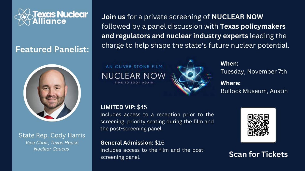 We are excited to announce the first panelist for the #NuclearNowTX screening on 11/7 in Austin: TX State Rep. @CodyforTexas, who serves as Vice Chair of the House Nuclear Caucus. Make plans to join us, <a href="/ACC_lonestar/">ACC Texas</a> and others - get your tix at gathr.com/e/f5ed89e2. #txlege