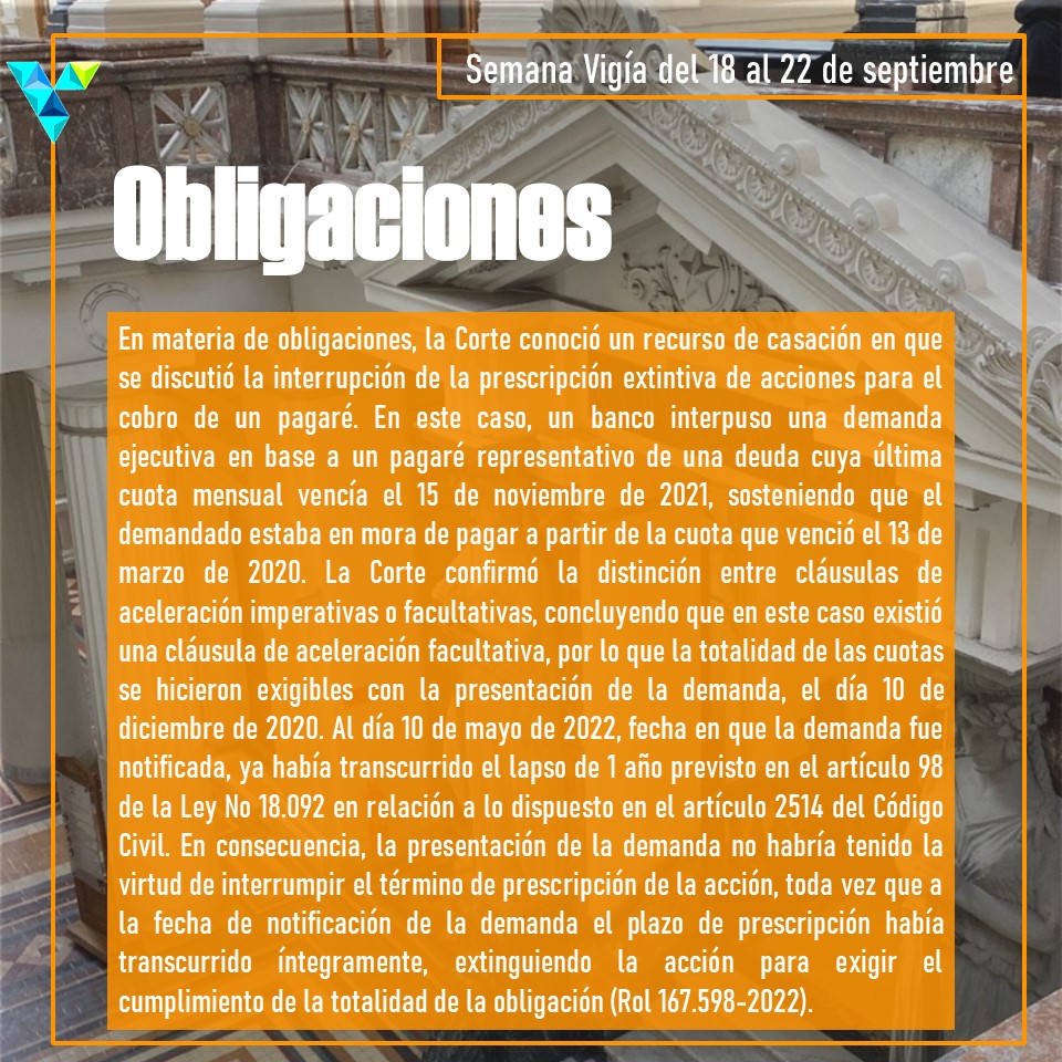 ProyectoVigia's tweet photo. ¡Seguimos con la Semana Vigía!

En materia de obligaciones, la Corte conoció un recurso de casación en que se discutió la interrupción de la prescripción extintiva de acciones para el cobro de un pagaré. https://t.co/amgfLkbgAf