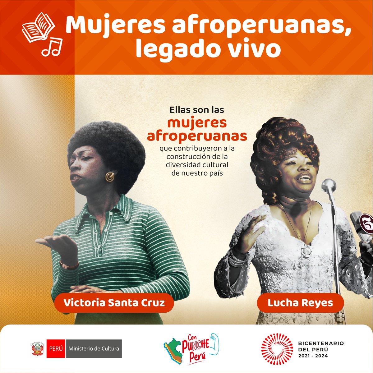 👩🏿‍🦱 Esta semana reconoceremos el #LegadoVivo de Victoria Santa Cruz y Lucha Reyes, mujeres que destacaron por su aporte a las artes y la investigación, logrando posicionar y visibilizar las manifestaciones culturales del pueblo afroperuano 🇵🇪.

👉🏾 ¡Atentos a nuestras novedades!