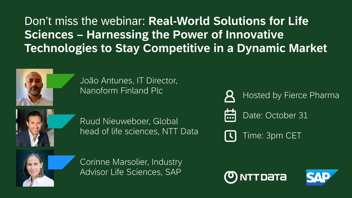 AndreaKaufmann's tweet photo. Join the webinar: Real-World Solutions for #LifeSciences - Harnessing the Power of #InnovativeTechnologies to Stay Competitive in a Dynamic Market.
Register now: https://t.co/dHOfThfmOv
#SAP #NTTData #NanoFormF #FiercePharma https://t.co/xdi8FceM6h