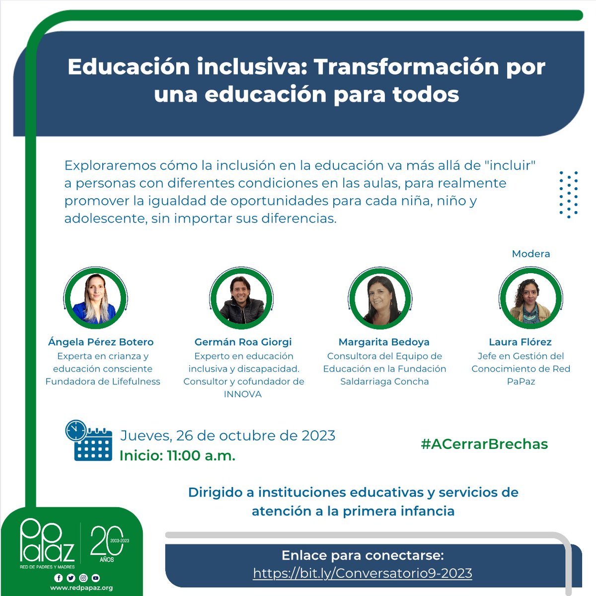 SaldarriagaConc's tweet photo. ¡Agéndate! Este jueves 26 de octubre estaremos participando en el conversatorio '#EducaciónInclusiva: Transformación por una educación para todos' de @RedPaPaz.
🕐 11 a.m.
🔴👉 https://t.co/XW7lWqcllb
¡Te esperamos! #ACerrarBrechas https://t.co/ux4k4YLflo