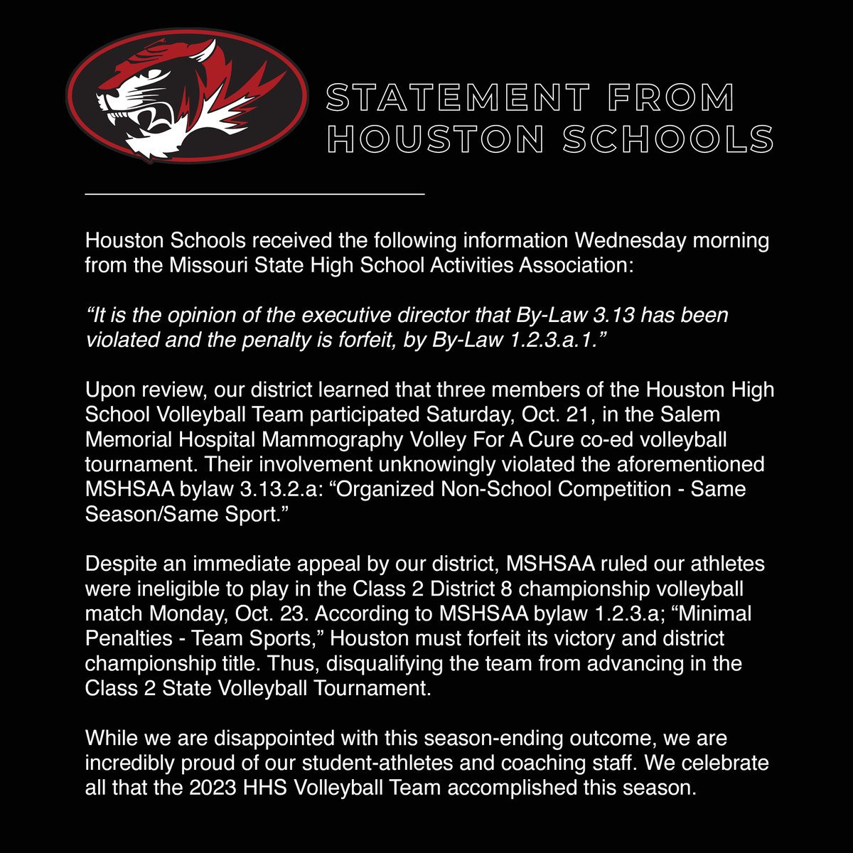 HoustonMOTigers's tweet image. Please see the following statement from Houston Schools. Questions should be directed to communications@houston.k12.mo.us.