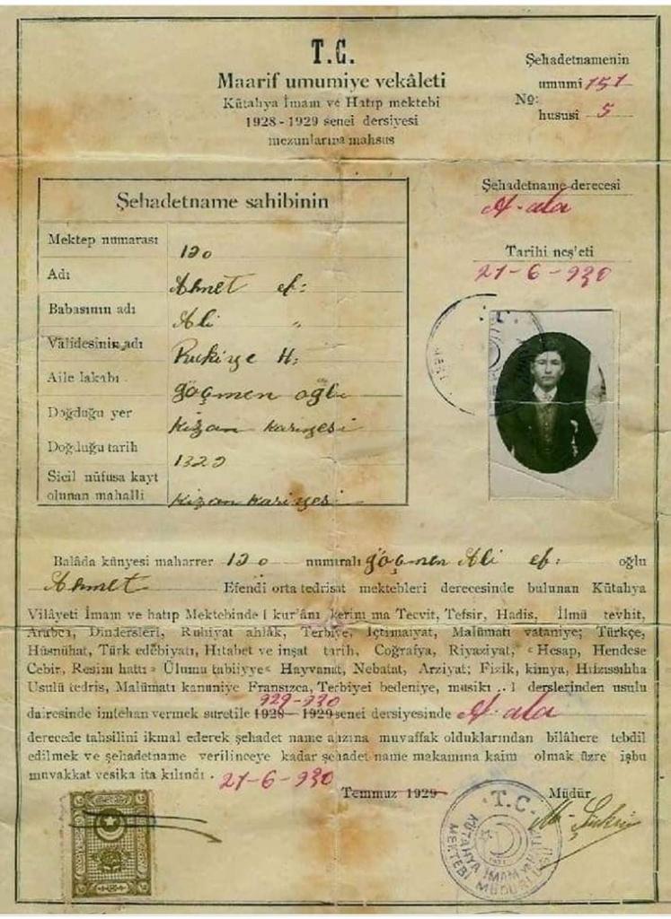 İmam Hatip diploması. 

1928-1929 eğitim yılı 
İmam-Hatip diploması

Kur'ânı Kerîm Tecvidli
Tefsir, 
Hadis, 
İlmü Tevhid, 
Arapça, 
Din dersleri, 
Rûhiyat Ahlâk, 
Terbiye, 
İçtimâiyat, 
Malûmatı Vataniye, Türkçe, 
Hüsnühat, 
Türk Edebiyâtı, 
Hitâbet ve İnşat Tarih, Coğrafya,