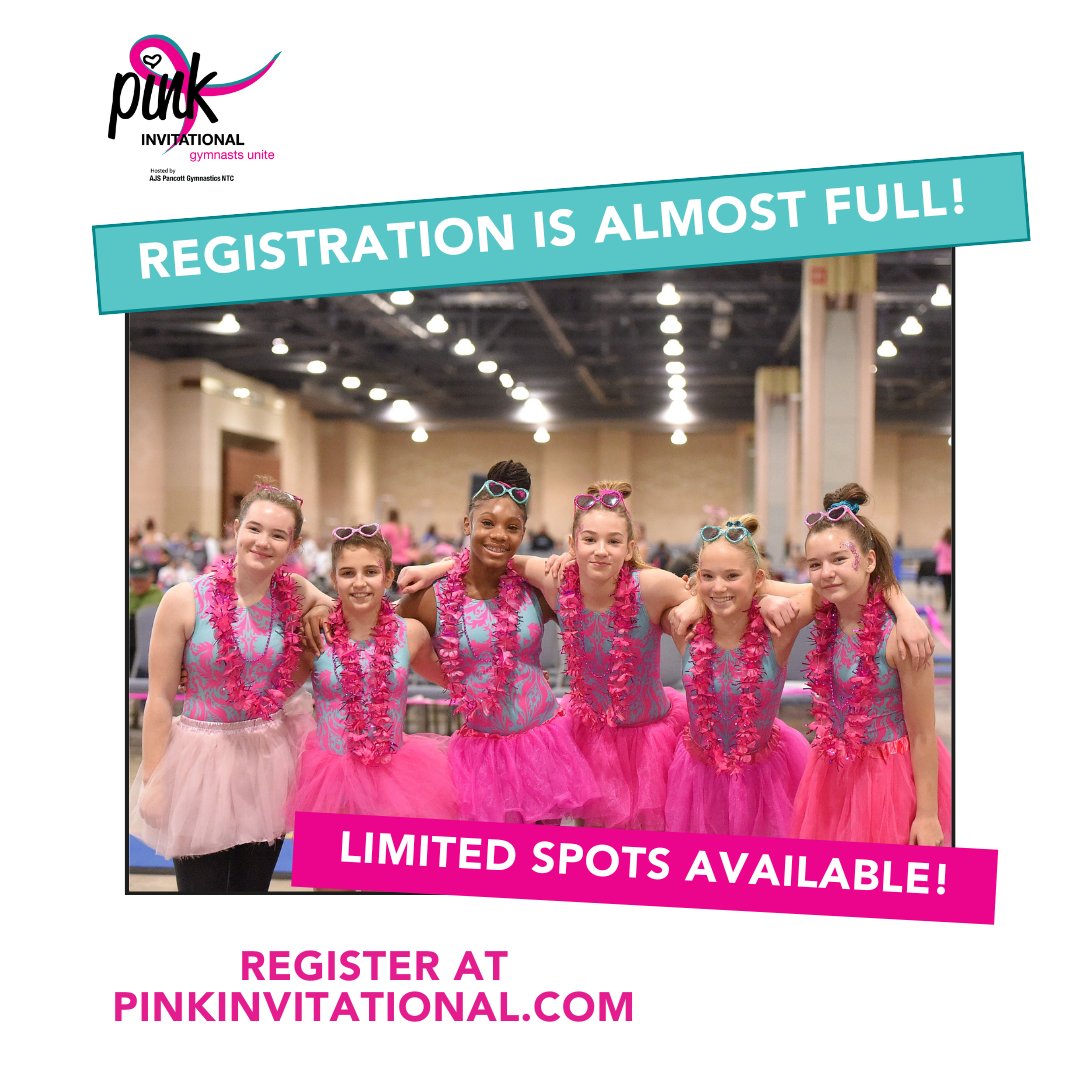 The #PinkInvitational is almost full! Limited spots and levels are available - secure your registration at pinkinvitational.com Questions? Email pinkinvitational@uniteforher.org #gymnastics #USAG #gymnasticsmeet