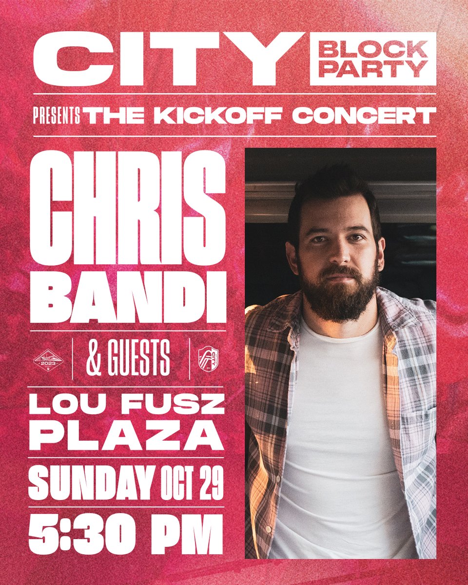 CITY is going country 🤠

Come out to the CITY Block Party this Sunday and kick off the MLS Cup Playoffs with <a href="/ChrisBandi/">Chris Bandi</a>!

🗓️ October 29
🕠 5:30PM CT
📍 LOU FUSZ PLAZA
🏟️ <a href="/stlCITYPARK/">CITYPARK</a>
🙅‍♂️ NO TICKETS NEEDED

#PaintTheCITYRed x #AllForCITY