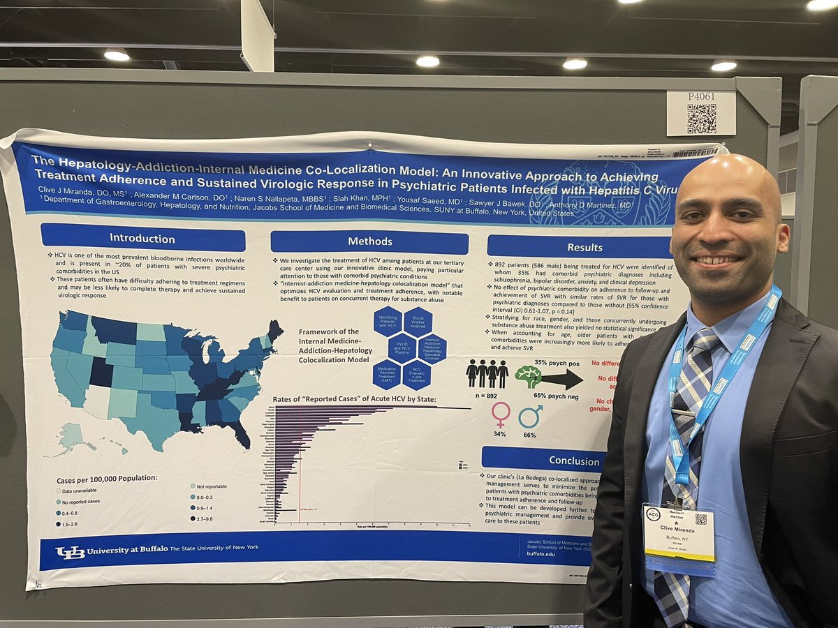 👉 ~3million 👥 in 🇺🇸 living with HepC 🦠

👉 ~20% pts have severe psych comorbidities 💭💊 

👉 difficulty adhering to tx & ⬇️likely to ✅therapy and achieve SVR 😓

🚨 Our 🏥 uses a “co-localised hepatology-addiction model” to ❌ these disparities in psych pts 🌟

#ACG2023