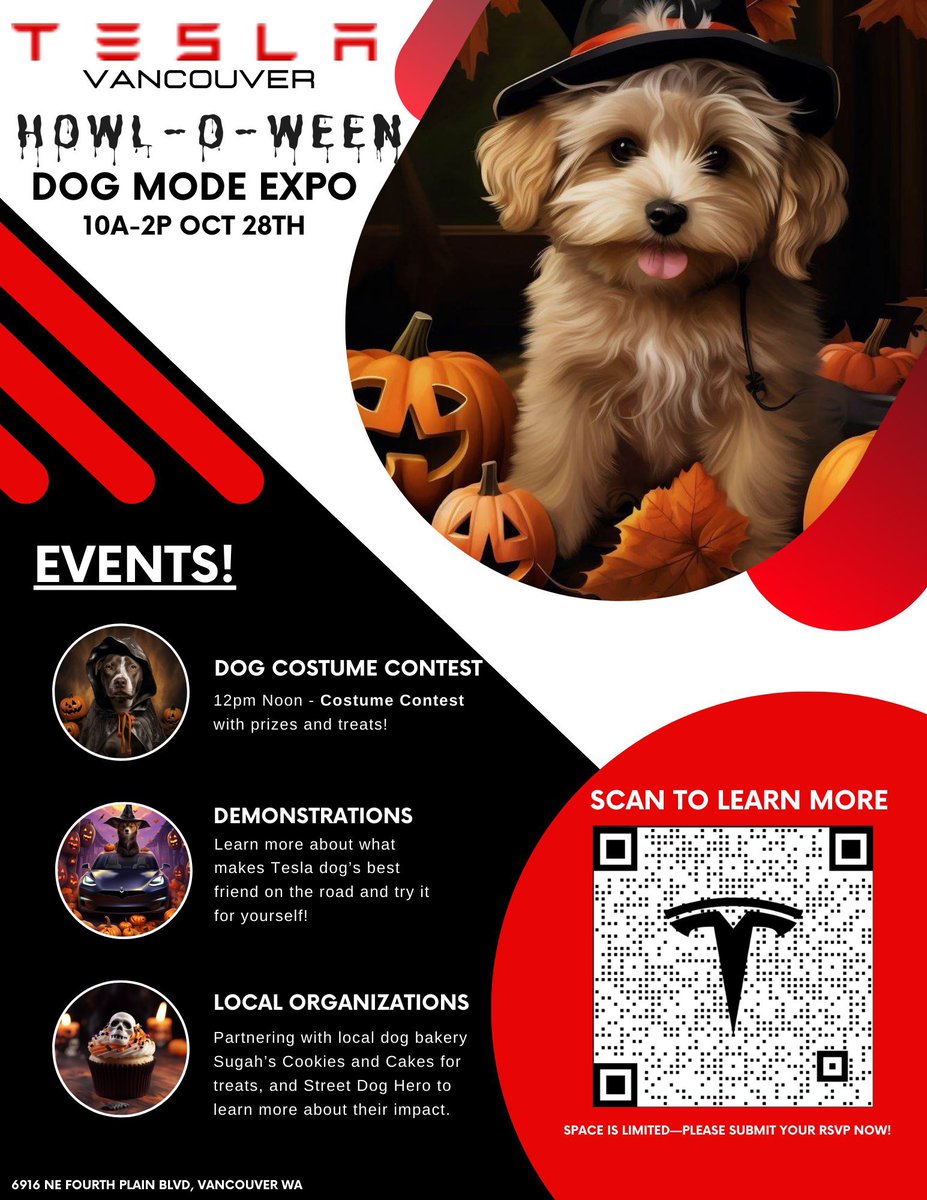 TeslaOwnersWA's tweet photo. Itβs time for your pups get to have a Howl-O-Ween party @Tesla Vancouver WA. RSVP w/ the QR. Space is limited. More details @ https://t.co/EtbCPtgCoF
#Howloween
#Tesla
#SugahCookiesCakes https://t.co/XKWCXXrt69
