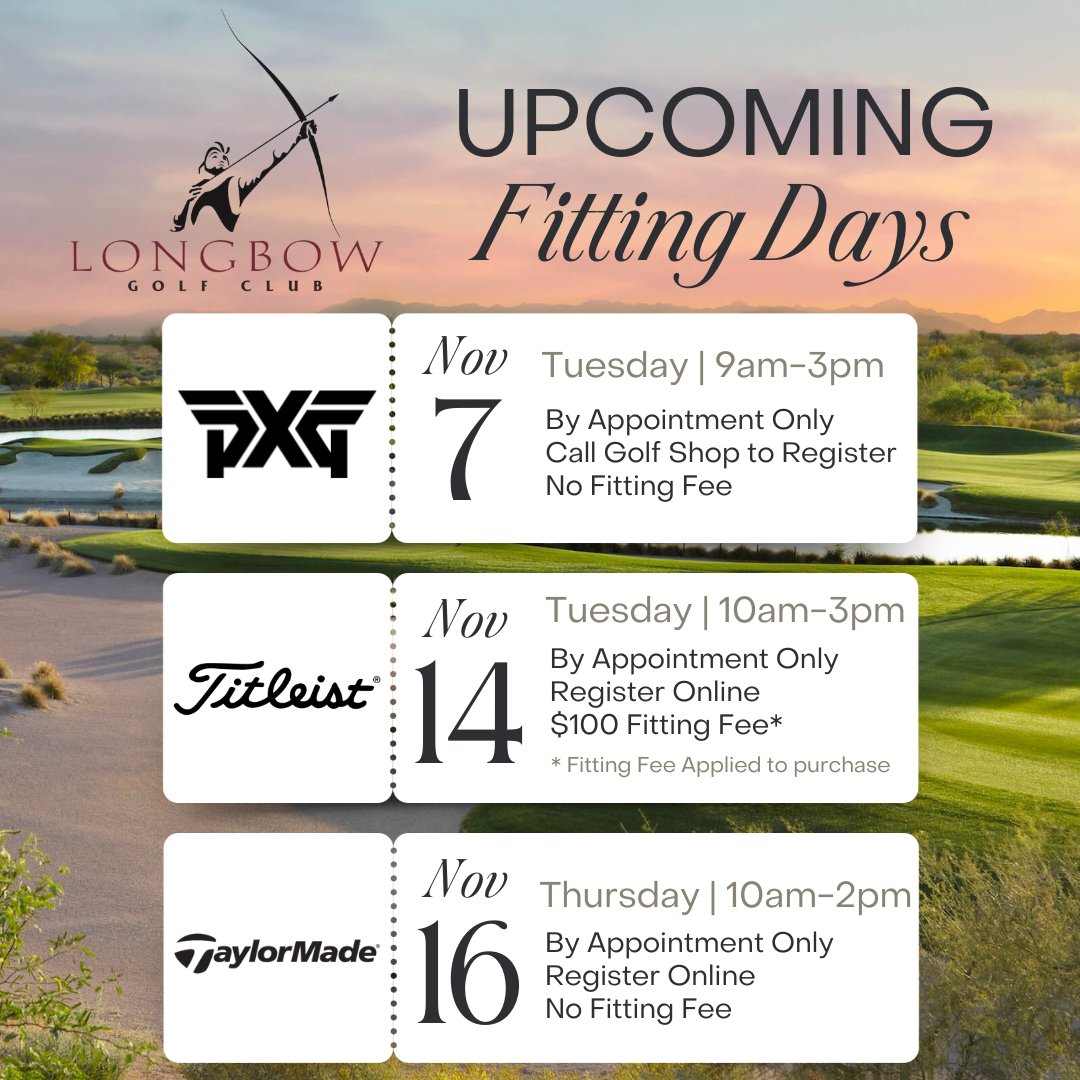 Fall Fitting Days are finally here!  We couldn't be more thrilled to invite you all to join us at the stunning Longbow Golf Club in November for some incredible fitting experiences with PXG, Titleist, and TaylorMade!

 🔗Click here to sign up now:  taplink.cc/longbowgolf