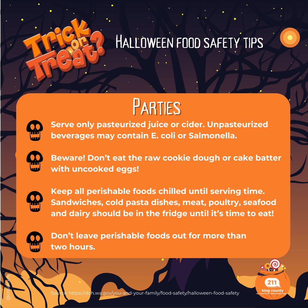CrisisCXNs's tweet image. It's almost time to call your favorite ghosts, ghouls + goblins for #trickortreating + creeptastic parties! 🧟‍♀️👻🧟‍♂️

Check out these food safety tips! 🍬🎃 🧛‍♀️

Need help with #basicfood benefits? 

Call 211 ☎️ M-F | 9-5
Visit 🦇 211kingcounty.org  ⏰ 24/7

#Halloweensafety
