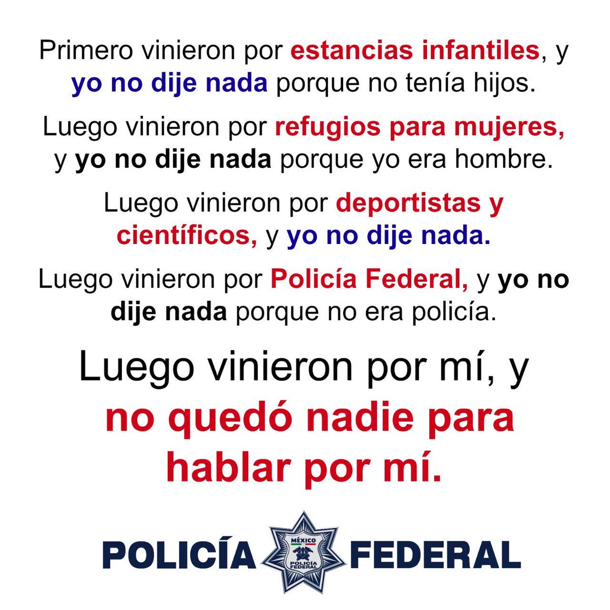 YoApoyoAlaPF's tweet photo. Y luego vinieron por la Suprema Corte y muchos no dijeron nada porque no trabajaban en la @SCJN. ¿Hasta cuándo habrá silencio? ¿Quién hablará por tí cuando no haya más nadie? https://t.co/41p1F76Jaw