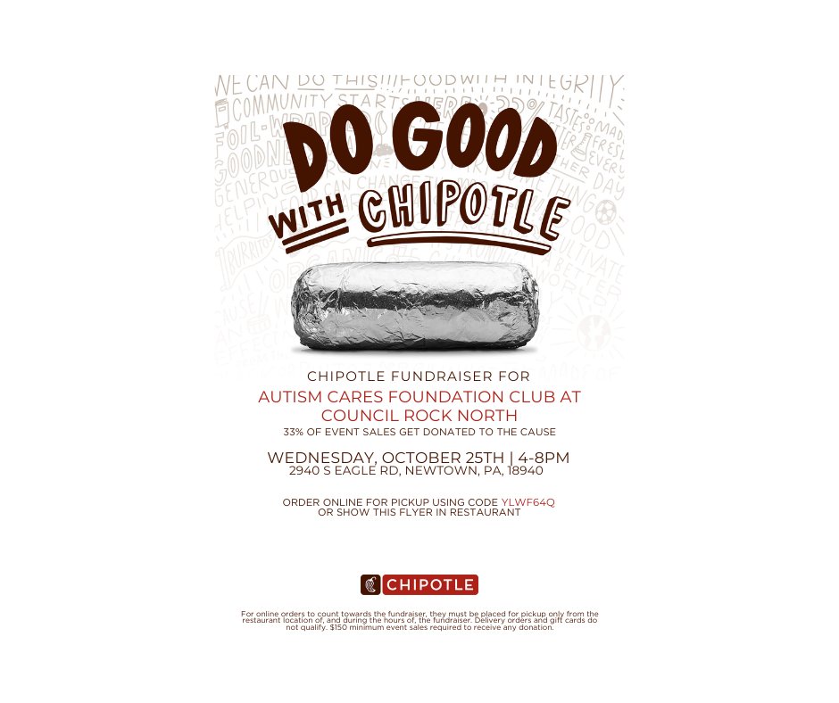 ACFSouthampton's tweet photo. Our friends at Council Rock North's ACF Club are throwing their Chipotle fundraiser tonight 😋!!! Show up with the event flyer or order online with the code YLWF64Q. 30% of the proceeds will go to Autism Cares Foundation ❤️. Many thanks to everyone at CR!!! #CRHS #ACF #chipotle https://t.co/1AbHg6b36G