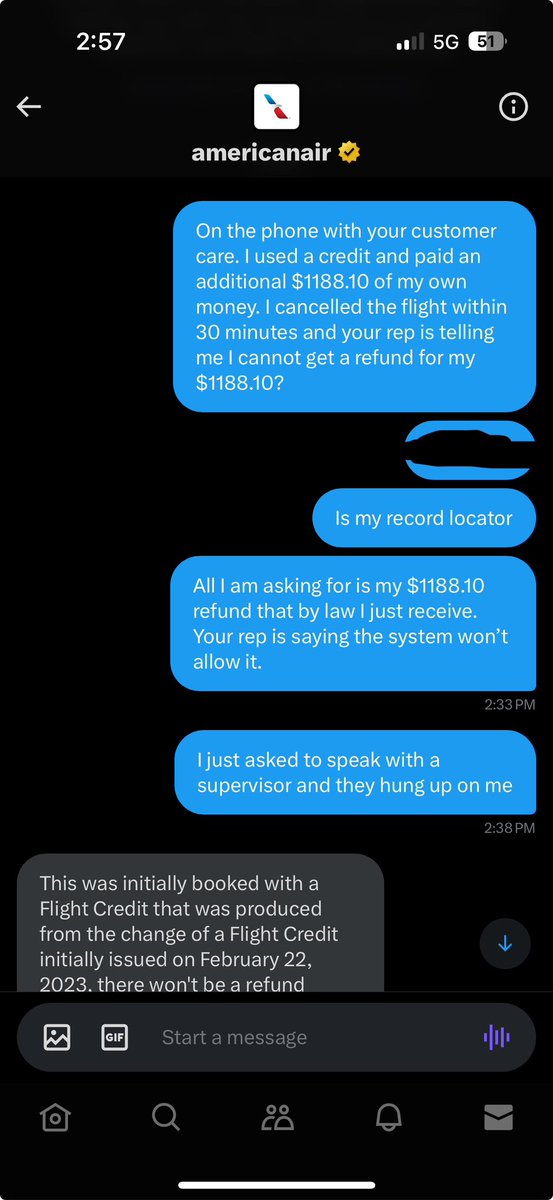 Jamie_DelFierro's tweet photo. @AmericanAir this is how they “care for their customers” let’s not address how much time I’ve spent getting the run around, to now just be told NO REFUND https://t.co/P0ErJRE8oz