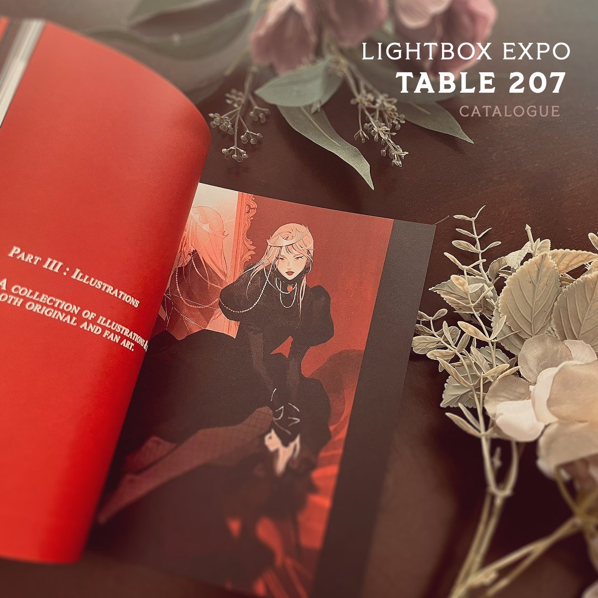 Catalogue for @LightBoxExpo this weekend! Will be debuting my art book along with some other fun stuff 🌹#LBX2023 Come say by and say hi :^) 