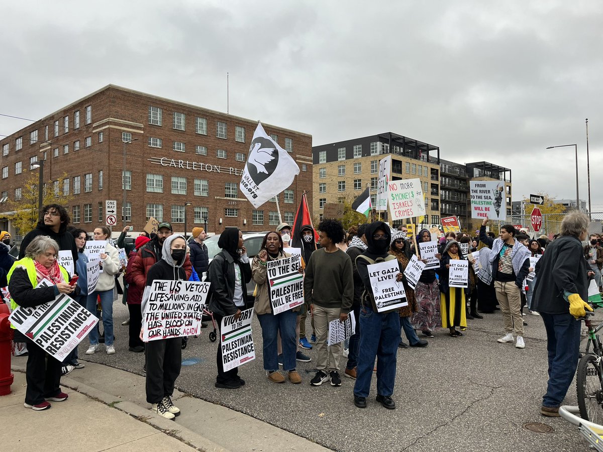 SeanLimMN's tweet photo. Saint Paul, MN – 10/25/23

Constituents have gathered at University Avenue to march towards @BettyMcCollum04’s Congressional District Office 

Inside the office, organizers are holding a sit-in to demand: Vote NO on Biden’s $14B aid package to Israel! #Gaza_Genocide #CeasefireNOW https://t.co/cmAPn8rV9w