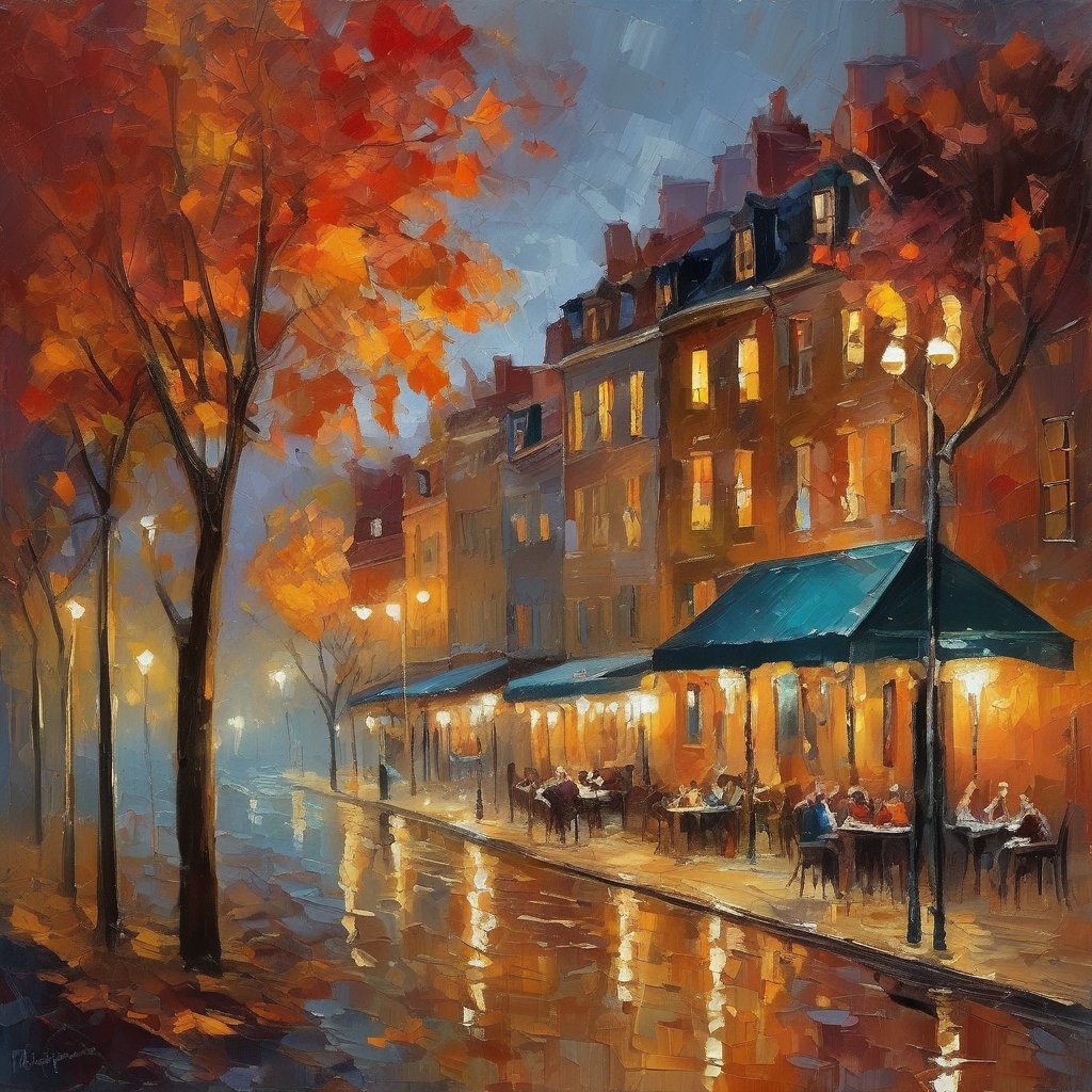 Embracing the cozy charm of autumn evenings. #ArtisticAmbiance #PaintedMoments #ArtisticAutumn  #CanvasMagic #StreetScene #AlFrescoArt #ArtLoversUnite #AutumnPainting  #GalleryQualityArt #artforsale #homedecor #paintingoftheday  #art