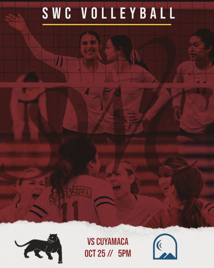 Home Game tonight for our Lady Jaguars Volleyball team at 5 pm vs Cuyamaca. Ticket Pricing: General Admission $5 / Military ID, 12 and under, and Seniors 55+ $4/ SWC Staff, Faculty, and Students $3 
southwesternjaguars.com