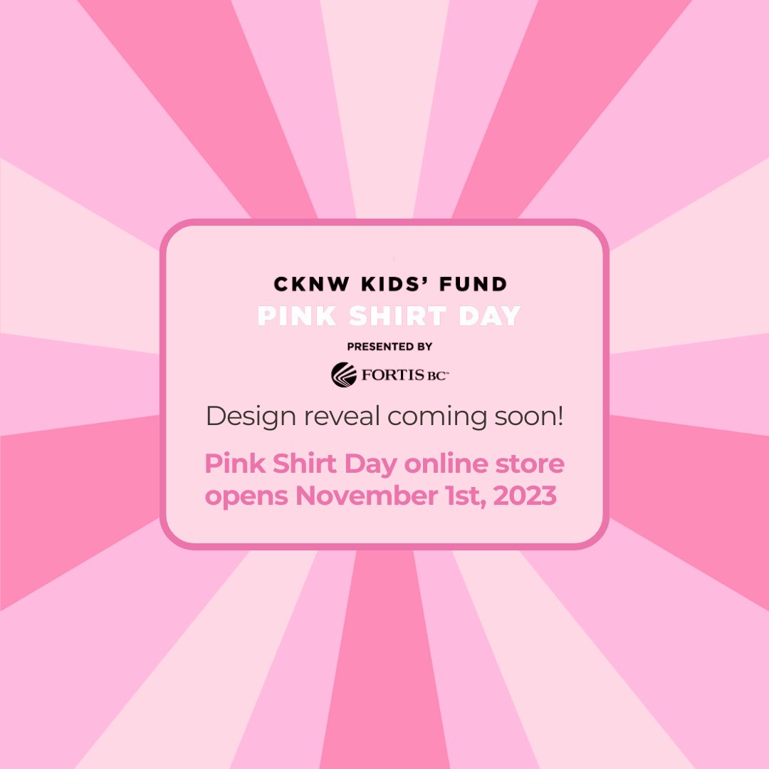 The Pink Shirt Day online store opens in two weeks! For the 2024 design, we were honoured to work with Corey Bulpitt, a local Haida artist, who perfectly captured the celebration of unity, inclusion, and diversity. Listen to 980 @CKNW on November 1st at 7:20am to learn more!