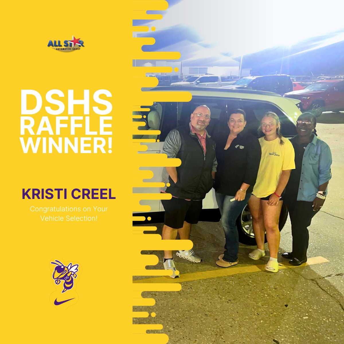 🎉🚗 Kristi Creel, our lucky DSHS Raffle Winner, has chosen the Jeep Grand Cherokee as her dream vehicle! Let's celebrate her choice as she drives home in style. 🌟

#AllStarCares #DenhamSprings #DenhamSpringsHigh #W1NasONE