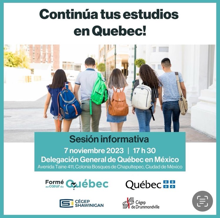 QuebecMX's tweet photo. 🎓 ¿Te gustaría estudiar en #Québec ? 🤓⚜️🇲🇽 
¡Acude a esta sesión de información presencial y resuelve tus dudas con los representantes de la #SDED, @cegepdrummond y @CShawinigan! 
📅 7 de noviembre a las 17h30 
📍Taine 411

Cupo limitado, inscripción ↘️ https://t.co/amZuq5n2Eg https://t.co/62ZN3CMIH9