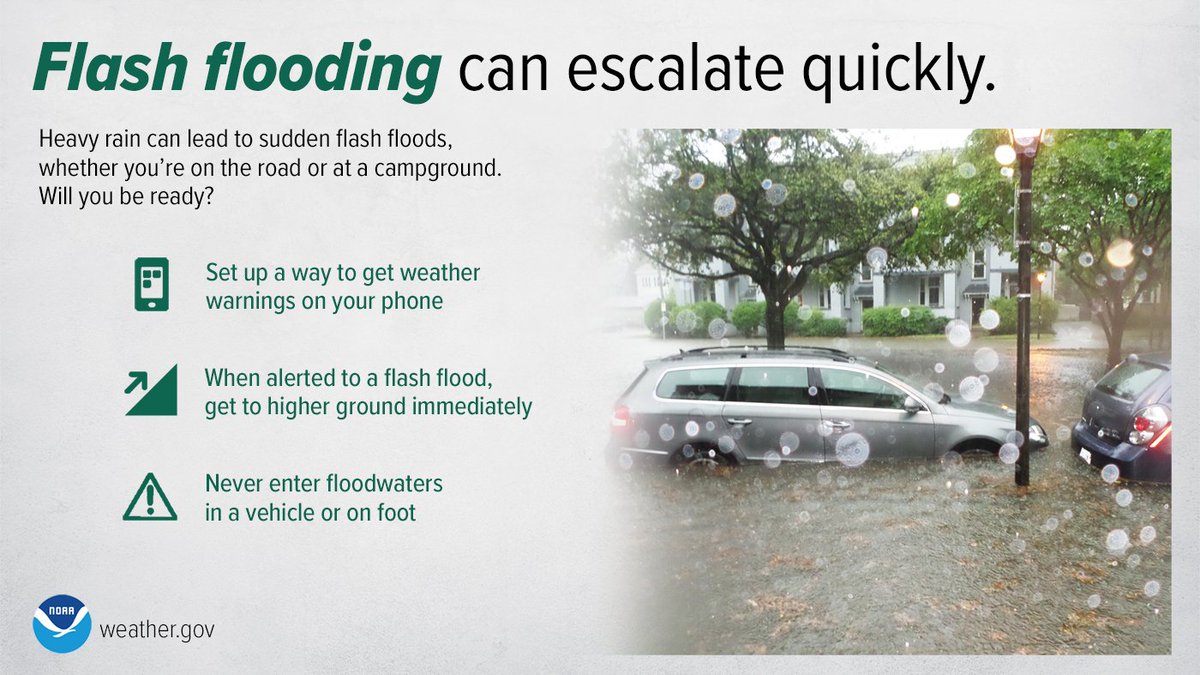 Will you be ready for sudden flash floods? Stay #WeatherReady by enabling weather alerts on your phone. If flooding occurs while you’re outdoors, immediately get to higher ground, and NEVER enter floodwaters in a vehicle or on foot. weather.gov/safety/flood