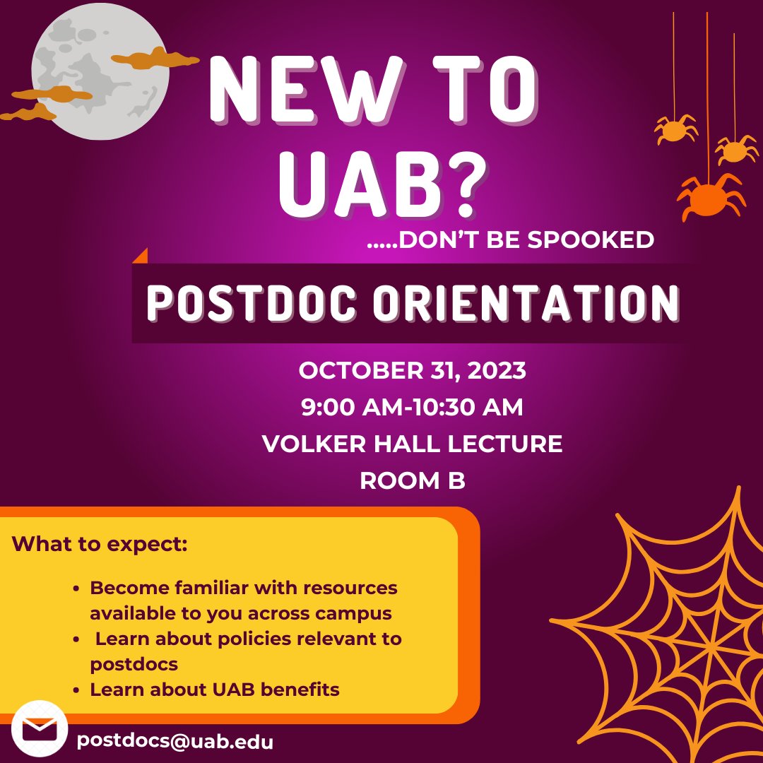 📆Mark your calendar for this upcoming event next week to network🕸️with fellow #UAB #Postdocs and learn about campus resources! 🥳
**Refreshments are first come, first served**🍪☕️