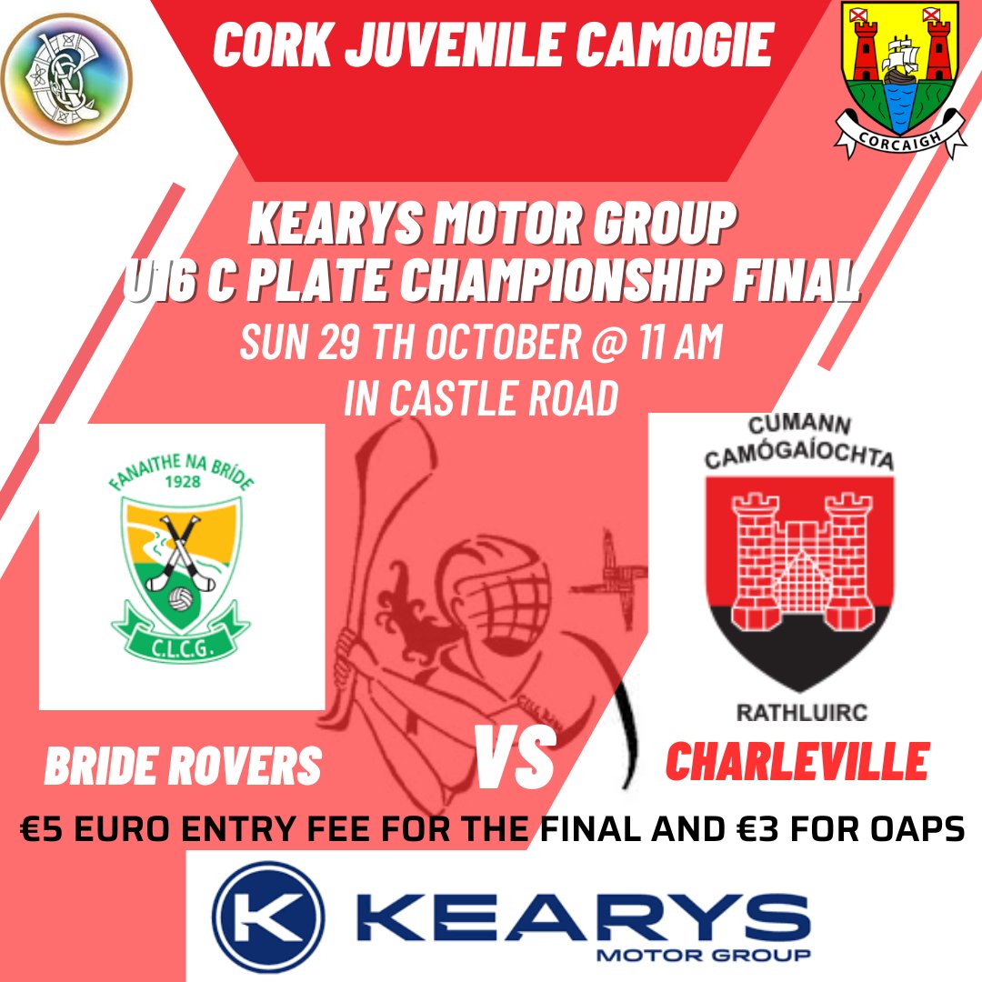 Kearys Motor Group

U16 C Plate Championship Final

Bride Rovers v Charleville

Sun 29th Oct at 11 am in Castle Road 

<a href="/kearysmotors/">Kearys</a> 
<a href="/RoversGAA/">Bride Rovers Ladies</a> <a href="/CharvCamogie/">Charleville Camogie</a>
