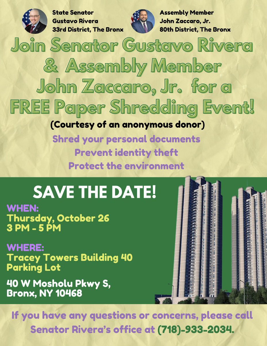 JZforNY's tweet image. Join @NYSenatorRivera and myself tomorrow for a free shredding event! Protect your identity by shredding your paperwork safely! #shredding #Bronx #TracyTowers