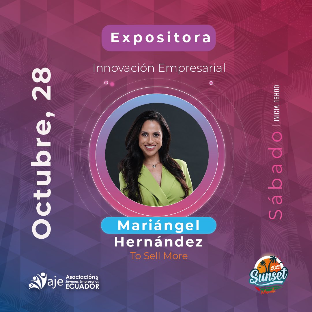 Te presentamos a Mariángel Hernández, estratega de negocios, consultora de innovación empresarial y fundadora de #ToSellMore.

Será parte de nuestro panel de conferencistas en el #AjeBusinessTalks en el evento #AjeSunset2023 🌅👥🌴 

¿Ya tienes tu entrada? ¡Te esperamos!