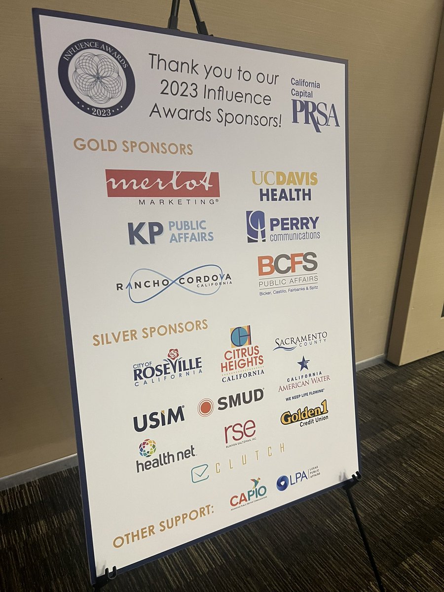 PRSASacramento's tweet photo. Special round of applause to this evening’s #PRSAInfluence sponsors! This night wouldn’t have been possible without their incredible support. Thank you! 🥂 #PRSASac @MerlotMarketing @CityofRCordova @KPpublicaffairs @UCDavisHealth @PerryComGroup @RSEagency https://t.co/fLOWWHS3GY