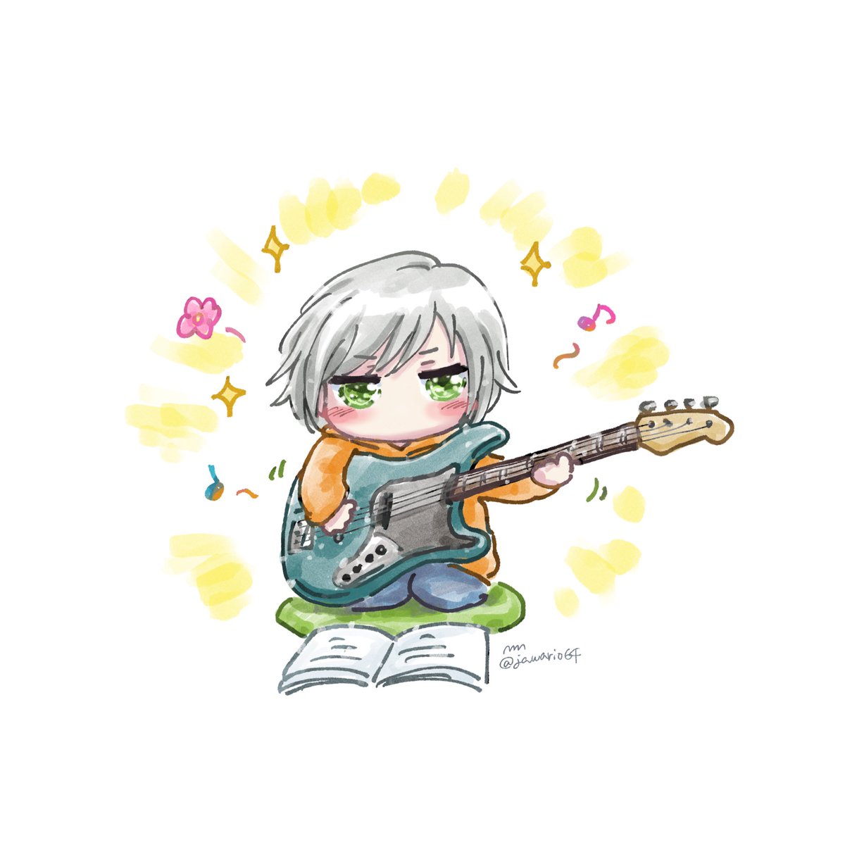 aoba moca instrument music solo 1girl playing instrument guitar grey hair  illustration images