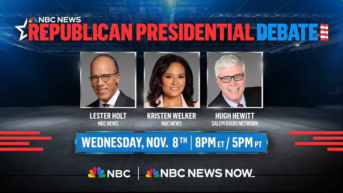 JUST ANNOUNCED: @LesterHoltNBC & @kwelkernbc will moderate the Republican presidential primary debate in Miami on Wednesday, Nov. 8 at 8 p.m. ET. They will be joined by Salem Radio Network’s @hughhewitt.