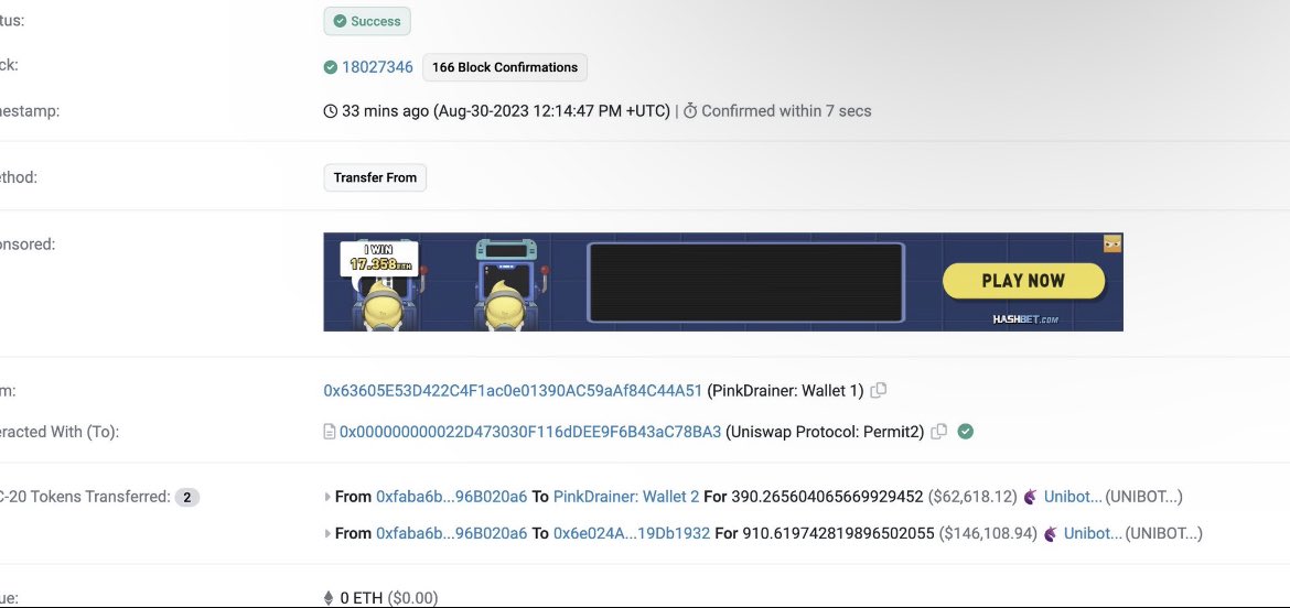 crypto_scam_'s tweet photo. Someone lost about $212k worth of $UNIBOT to Uniswap Permit2 Phishing  33 mins ago.

https://t.co/J4euf1SqBH https://t.co/fRe4Uubyc7