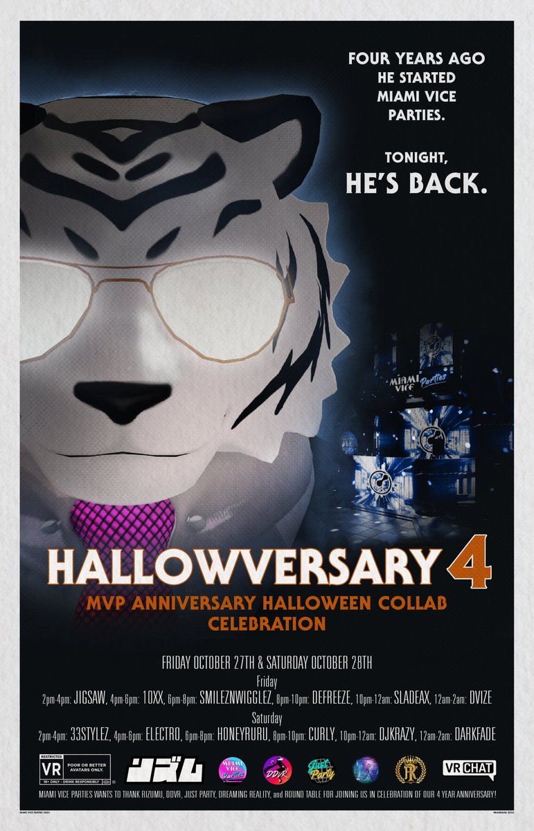 MiamiViceParties (@mvp_vrc) on Twitter photo π»We're not done yet! MVP's Hallowversary 4 event continues on a very ghostly day 2 starting at 2PM CDT! π
π₯³We have 6 more talented DJs ready to rock #VRChat tonight with their fire tunes! π₯
<a href="/33stylez/">33stylez</a>
<a href="/ElectroVRC/">Electro π± | π¦ @electrovrc.com</a>
<a href="/HoneyRuruu/">Gone</a>
<a href="/CurlyFrydPotato/">DJ Curly_Taters</a>
<a href="/dJKraZy18/">dJ KraZy</a>
<a href="/darkfade/">DΞRKFΞDΞ</a> π»We're not done yet! MVP's Hallowversary 4 event continues on a very ghostly day 2 starting at 2PM CDT! π
π₯³We have 6 more talented DJs ready to rock #VRChat tonight with their fire tunes! π₯
<a href="/33stylez/">33stylez</a>
<a href="/ElectroVRC/">Electro π± | π¦ @electrovrc.com</a>
<a href="/HoneyRuruu/">Gone</a>
<a href="/CurlyFrydPotato/">DJ Curly_Taters</a>
<a href="/dJKraZy18/">dJ KraZy</a>
<a href="/darkfade/">DΞRKFΞDΞ</a>