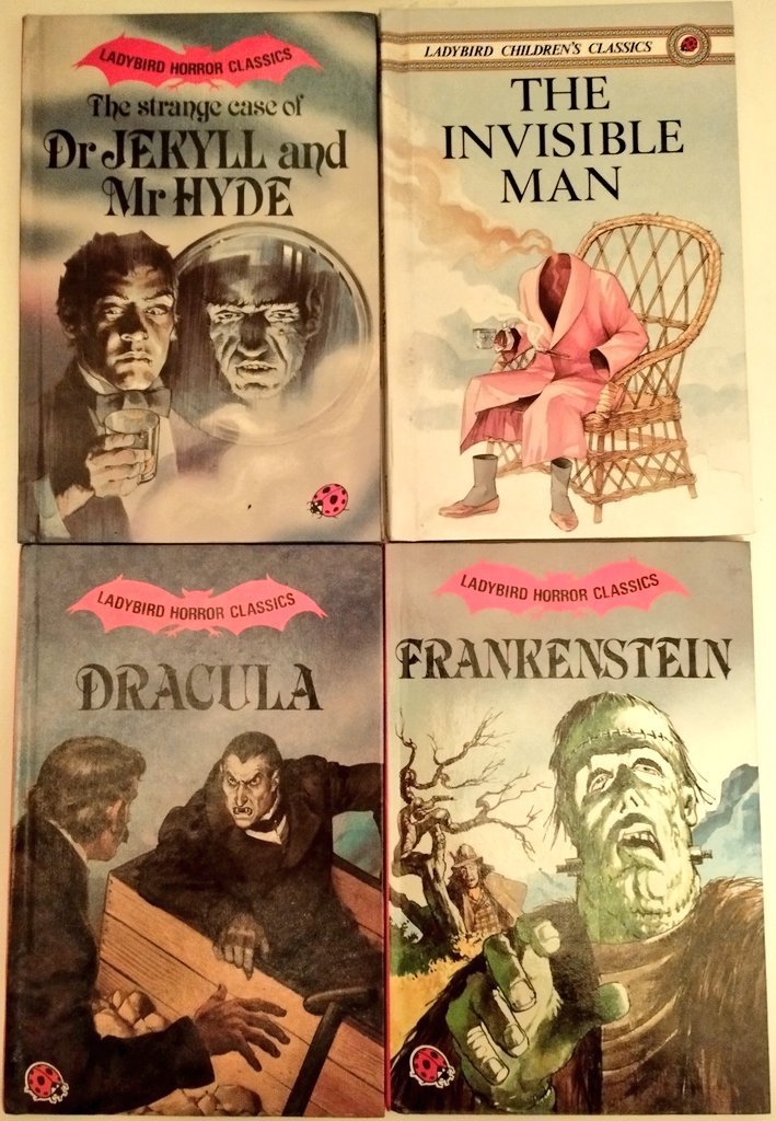 cushing_s's tweet photo. Recently found my ladybird horror classics books - who was scared by these when they were a child?
#Dracula #Frankenstein #DrJekylandMrHyde #TheInvisableMan
#Halloween https://t.co/g59EAKfFaU