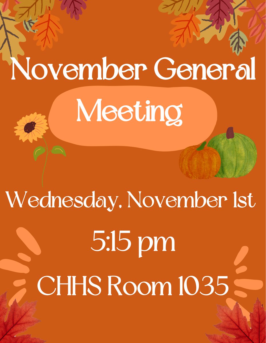 NSSLHAatWMU's tweet image. I hope everyone had a restful fall break! Our November general meeting will be held next week, November 1st. I hope to see you all there! Please note the change in room. 🍂🍁