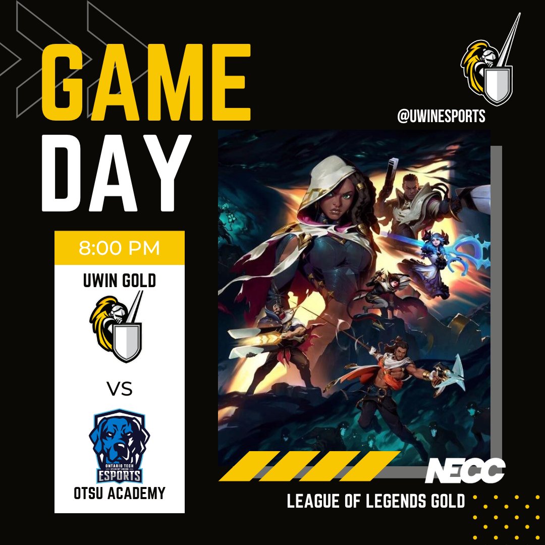 #LoLGold play in <a href="/neccgames/">NECC</a> Challengers league tonight!⚔️🟡

🆚<a href="/otsu_esports/">OTSU Esports</a>

⏰8:00pm

#UWindsorLoL #UWinEsports #Windsor