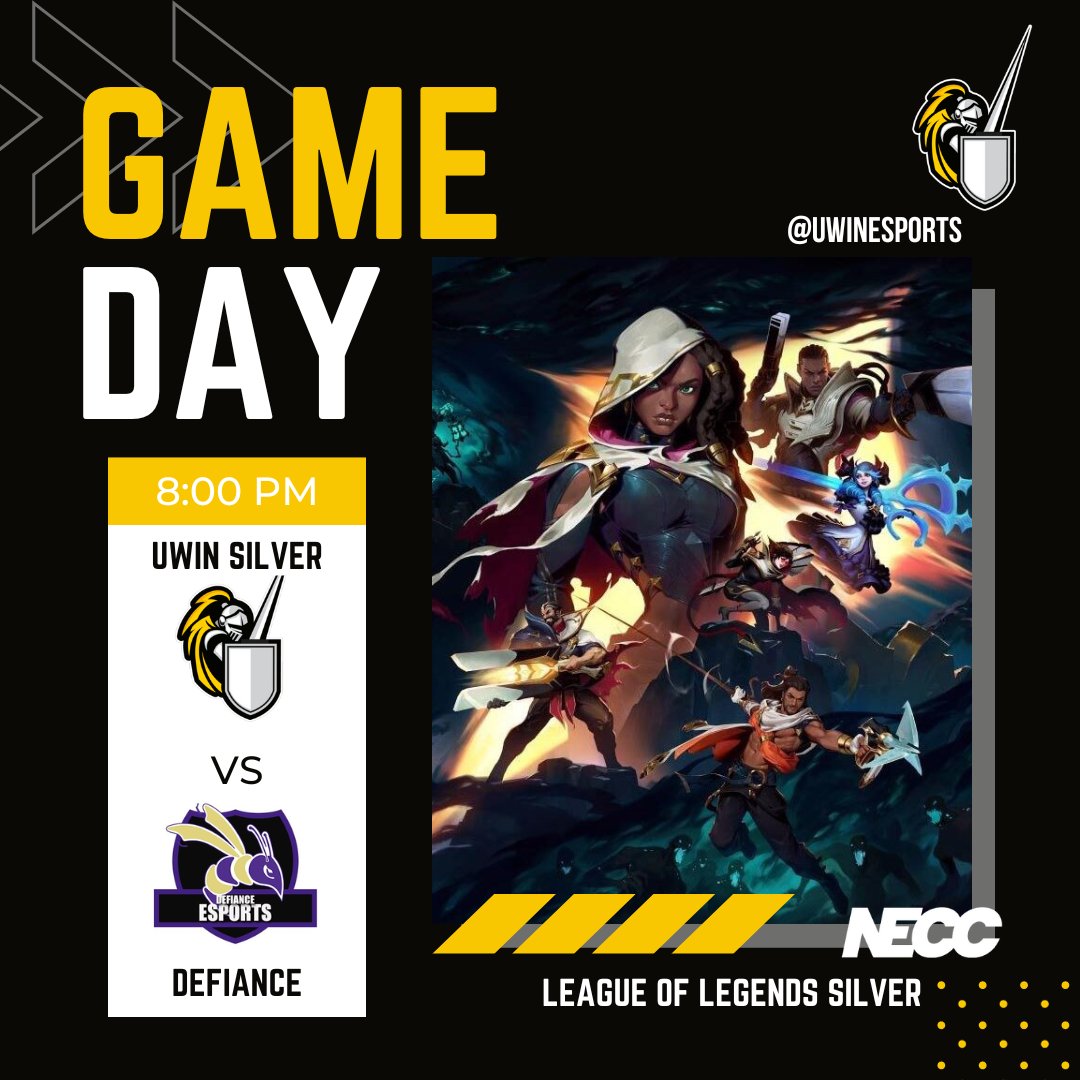 #LoLSilver play in <a href="/neccgames/">NECC</a> Emergents league tonight!⚔️

🆚<a href="/dc_esports1/">Defiance College Esports</a>

⏰8:00pm

#UWindsorLoL #UWinEsports #Windsor