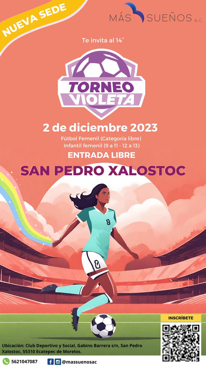 CAMBIO DE SEDE DEL TORNEO VIOLETA 
Te invitamos a inscribir a tu equipx a la 14º Edición del Torneo Violeta que tendrá como Sede Club Deportivo San Pedro Xalostoc
Inscripciones: forms.gle/vJrz6ry4fnzAXi…
Futbol 7 femenil
¿Dudas? Comunícate al número 56 2104 7087
Entrada libre.