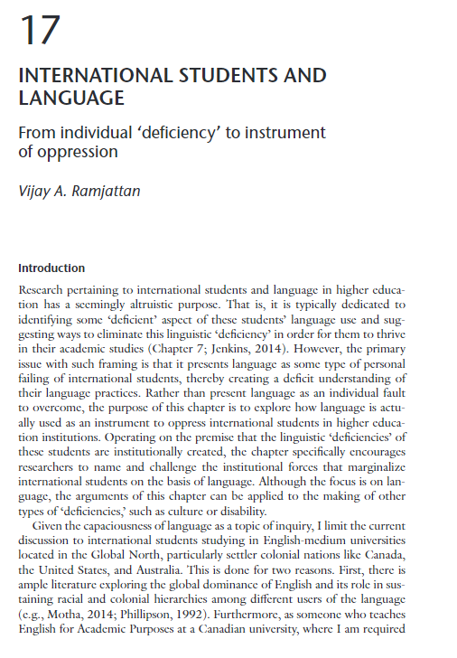Vijay_Ramjattan's tweet photo. The #RISbook is now available online and open access:

https://t.co/L2GyaAe2U9

Check out my chapter on how researchers need to acknowledge that the "linguistic deficiencies" of international students are institutionally created. https://t.co/EU5bvpyZQD