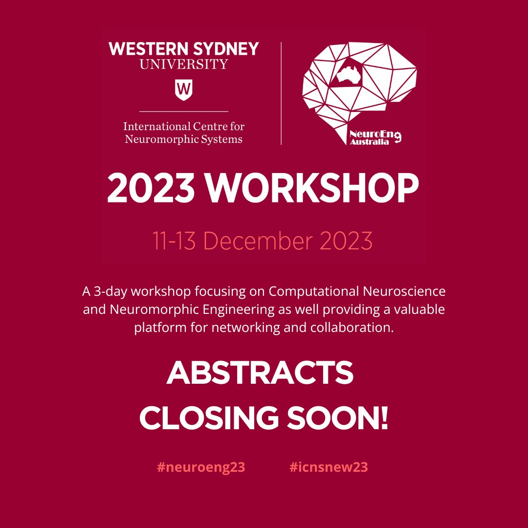 Submit now! #NeuroEng23 Workshop is open for abstracts but only until Oct 31.
This event is focused on #ComputationalNeuroscience and #Neuromorphic #Engineering 
Details can be found here: westernsydney.edu.au/icns/events/20… #icnsnew23 #conference #research #computing @westernsydneyu