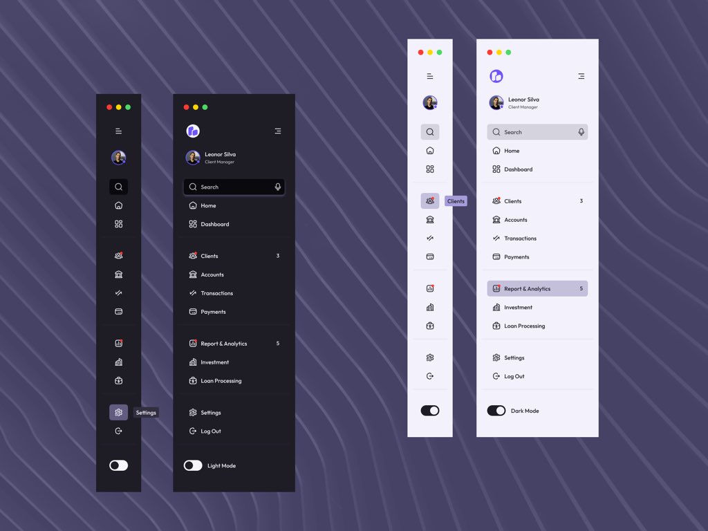 TheAustineOkeh's tweet image. My Submission for HugeIcons Pro Design Challenge: Season 1 @huge_icons 

I designed a web sidebar (expanded and collapsed state) in both light and dark mode with toggle to switch between modes

I also designed a Mobile Settings Page in both light and dark mode. 

Preview below 🙏🏾