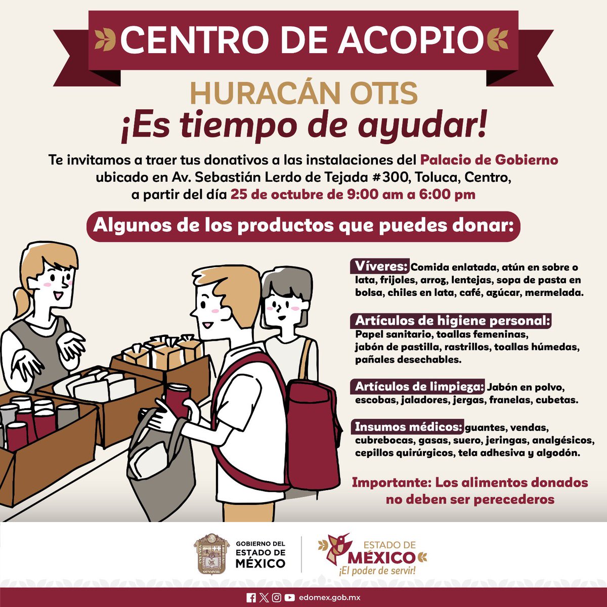 El #Huracán #Otis está generando graves afectaciones. Como mexiquenses podemos aportar nuestro granito de arena para ayudar a nuestros hermanos damnificados. En Palacio de Gobierno, en Toluca, instalamos un centro de acopio. Recibiremos tus donaciones de 9:00 a 18:00 horas